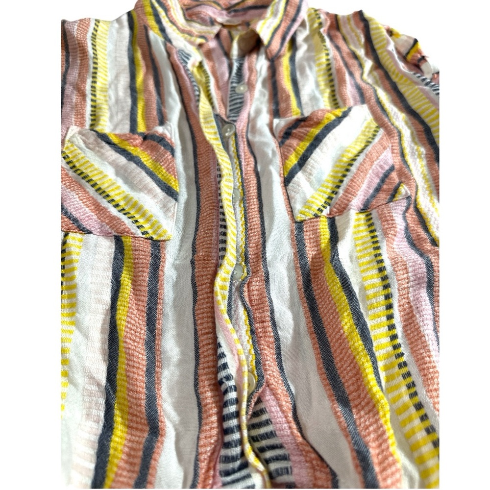 EUC keep in touch Colorful pink, coral, yellow Stripe Button Down tie front top - Picture 3 of 3